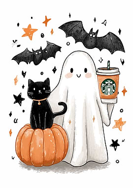 Halloween Ghost, Cat, and Starbucks