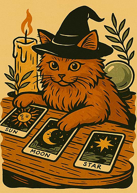 Cartoon Cat Witch Tarot Reading Illustration