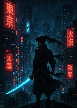 Cyberpunk Samurai in Rainy Tokyo