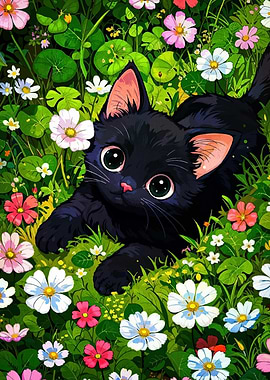 Black Cat in a Flower Meadow
