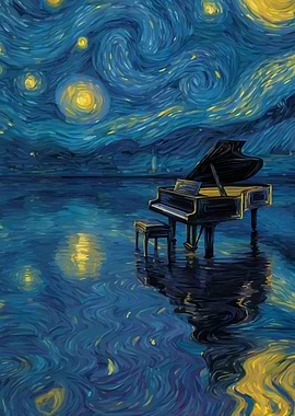 Piano Under Starry Night Painting