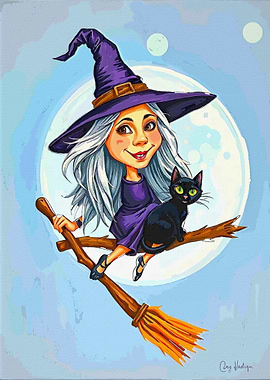 Cartoon Witch and Black Cat