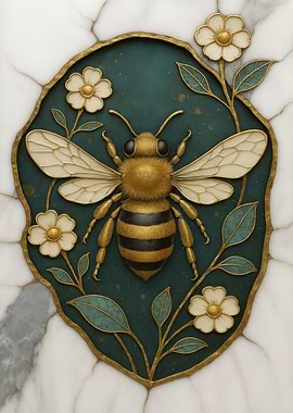 Bee and Flowers on Marble Background