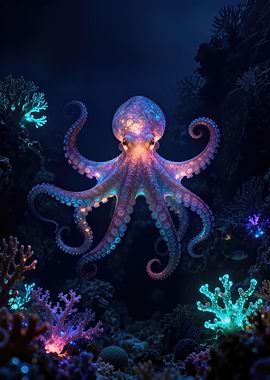 Glowing Octopus in Coral Reef