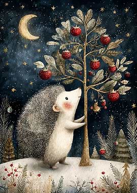 Hedgehog and Apple Tree at Night