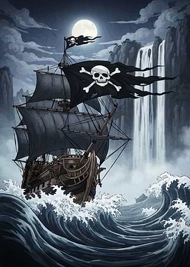 Pirate Ship Sailing Near Waterfall