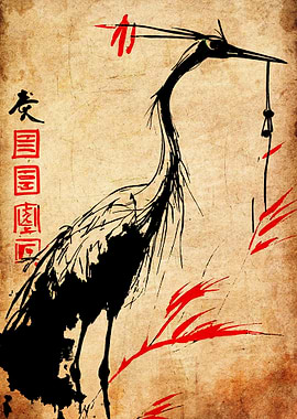 Crane Ink Painting with Japanese Text