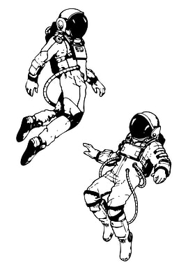 Two Astronauts Floating in Space, Black and White