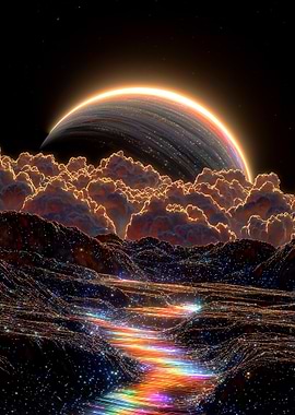Surreal Planet Landscape with Rainbow River