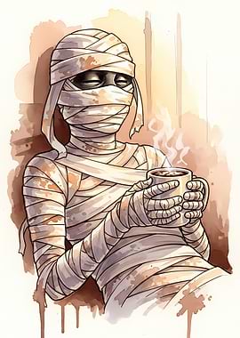 Mummy enjoying coffee watercolor illustration