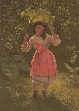 Girl with Leaf Umbrella in Garden