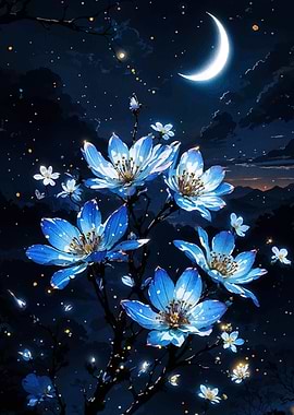 Blue Flowers Under Moonlight