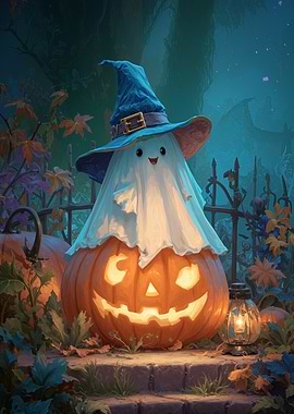 Halloween Ghost on Pumpkin with Witch Hat