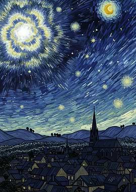Starry Night Inspired Village Painting