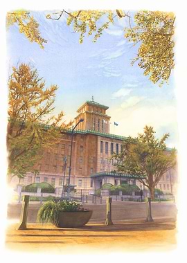 Cityscape with Building and Autumn Trees