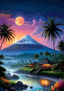 Tropical Island Landscape with Mountain and Moon