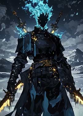 Flaming Head Warrior with Swords