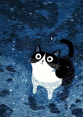 Cartoon Cat in Blue Water