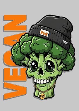 Cartoon Broccoli Skull with Beanie