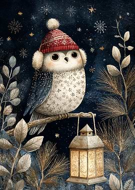 Winter Owl with Lantern Illustration
