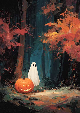 Halloween Ghost and Pumpkin in Forest