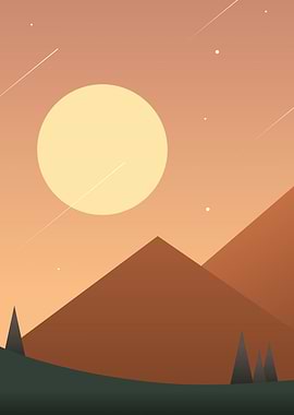 Minimalist Landscape with Moon and Mountains