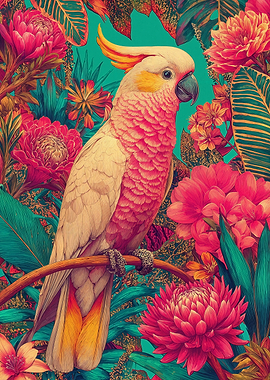 Cockatoo in Tropical Floral Setting