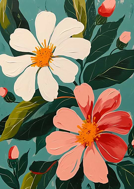 Floral Painting with White and Pink Flowers