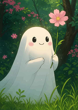 Cute Ghost with Flower in Forest