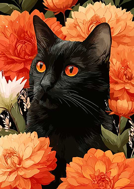 Black Cat Surrounded by Orange Flowers