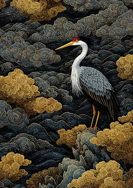 Elegant Crane Amidst Golden Clouds