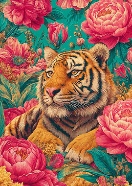 Tiger Portrait Surrounded by Pink Flowers