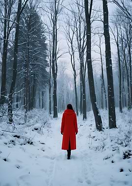 a woman walking in a snowy forest