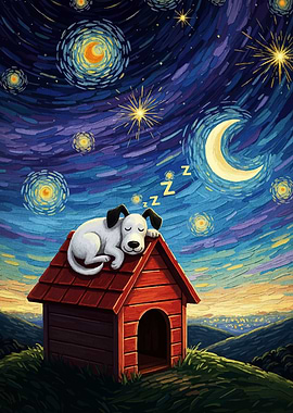 Dog sleeping on doghouse, starry night