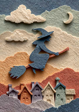 Whimsical Witch Flying Over Village