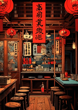 Traditional Japanese Restaurant Interior Illustration