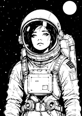 Astronaut Girl in Space Black and White
