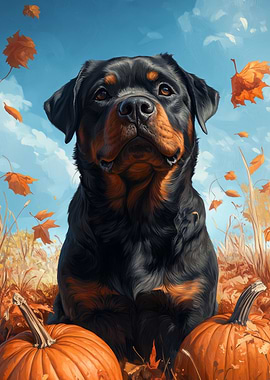 Rottweiler Dog with Pumpkins and Autumn Leaves | Fall Dog Portrait
