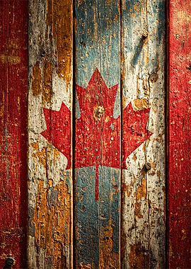 Vintage Canadian Flag on Wood Planks