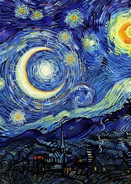 Starry Night with Crescent Moon