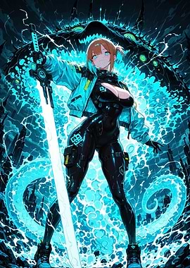 Anime Warrior with Sword and Monster