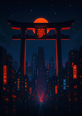 Neon Cityscape with Torii Gate