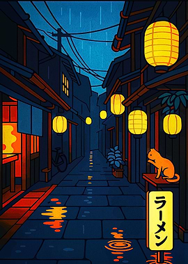 Rainy Japanese Alley with Lanterns and Cat