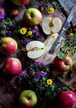Apples, Flowers, and Music Still Life