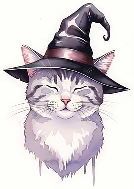 Cat with Witch Hat Watercolor