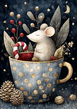 Mouse in a teacup watercolor painting