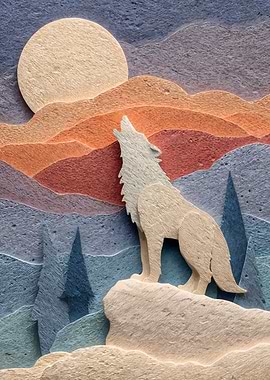 Wolf Howling at Moon Carved Landscape