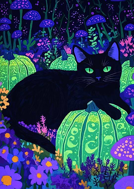 Black Cat on Pumpkins in a Garden