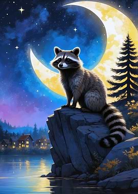 Raccoon under the Moonlit Sky