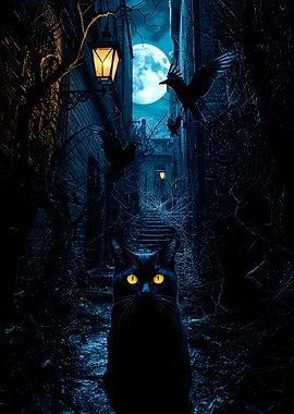 Black Cat in a Spooky Alley